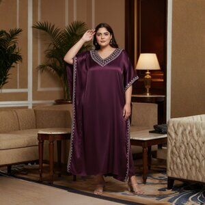Gypsie Blu Solid Embroidery Lace Wine Satin Women Kaftan Dress for Evening Wear